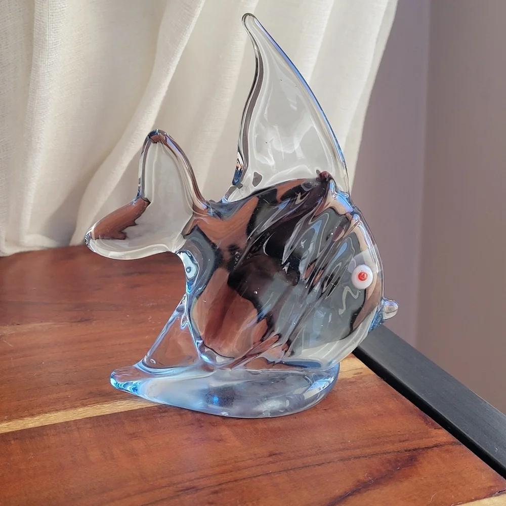 Murano-Style Art Glass Clear  Blue Fish Paperweight Red-Eyed Accent